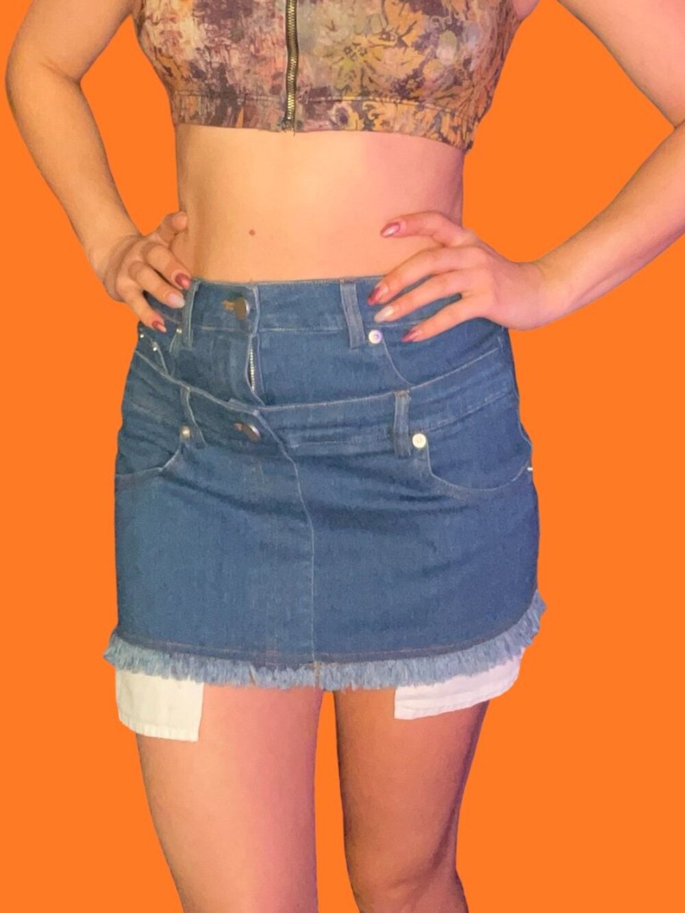 SHEIN SXY Frayed Hem Double Waistband Denim Skirt, Washed
